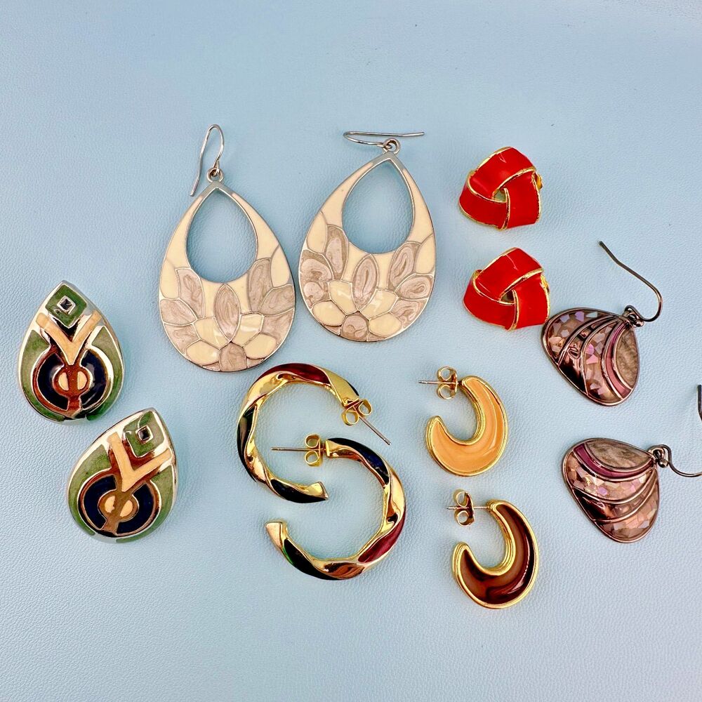 Vintage Enamel Pierced Earrings Lot Dangle Stud Gold Silver Tone Some Signed